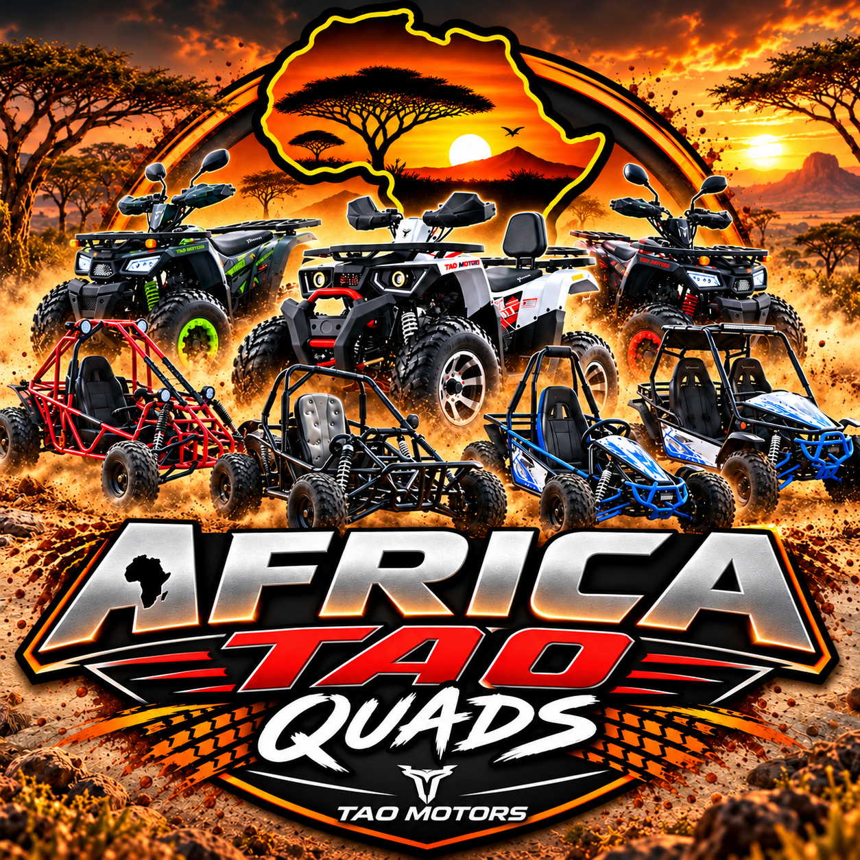 Africa TAO Quads β off-road motors on the African savanna at sunset