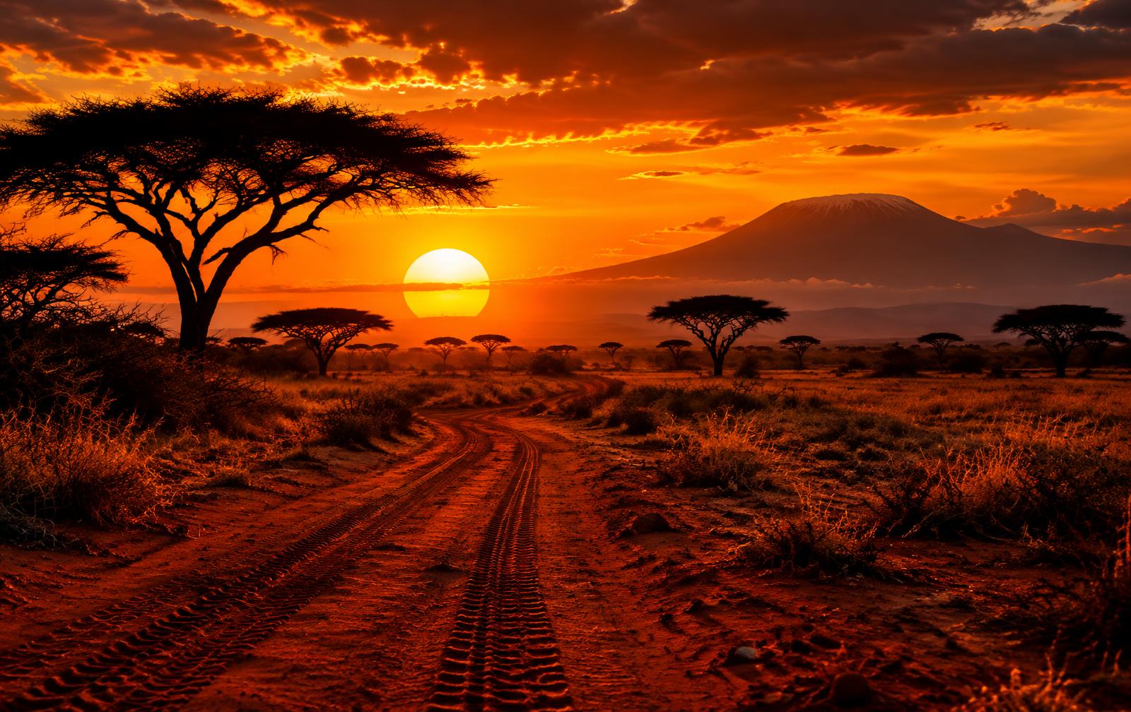 African savanna at sunset with a dirt road leading to the horizon